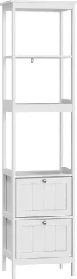 Immagine prodotto di Armadio alto e stretto, mobile da bagno, portabiancheria in legno, mobile indipendente con 2 cassetti e 3 ripiani, 40 L x 30 P x 160 A cm, bianco