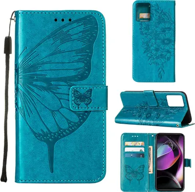 Produktbild von Lederhülle für Motorola Moto G (2023) Schmetterling Prägung Flip Ledertasche Kartenfächer Handyhülle mit Ständer Blau