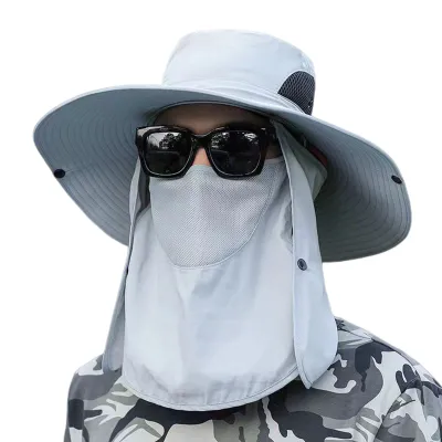 Produktbild von Uni-Sonnenhut mit abnehmbarer Frontabdeckung, Gesichts- und Nackenschutz, UV-Schutz, Sonnenschutz, lange Krempe, Kappe für Outdoor-Angeln, Radfahren, Gartenarbeit, Camping, Hellgrau, Einheitsgröße