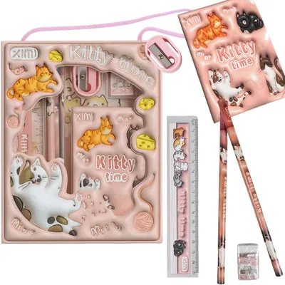 Produktbild von Schulset Schreibset Schulbedarf Kinder Set mit Notizblock Lineal Bleistiften Radiergummi Anspitzer Katze Rosa 6 tlg