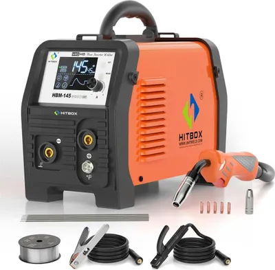 Image de Appareil de soudage MIG 145 A - Onduleur HBM145 - 4-en-1 MIG, MMA, Lift, TIG - Sans gaz - Portable - Prise UE - Appareil de soudage intelligent
