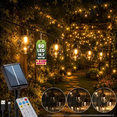 Produktbild von LUMILED Solar Lichterkette für Außen 16,5M 50x LED Lampen + 2 Ersatzbirnen Fernbedienung Dekorative Glühbirnen IP44 spritzwasserdicht Wetterfest 8 Betriebsarten Warmweiß 3000K Garten Terrasse Balkon Party Deko Beleuchtung Solarleuchte
