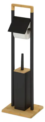 Immagine prodotto di Set da bagno Relaxdays, A x L x P: 76,5 x 28 x 18 cm, bambù e metallo, portarotolo da appoggio con scopino, nero/naturale