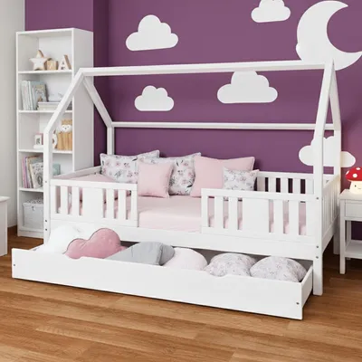 Produktbild von MEBLE WRÓBEL Hausbett 80x190 cm mit Schublade Rausfallschutz und Lattenrost - Einzelbett Jugendbett- Kinderbett aus Kiefer Massivholz Weiß - Kleinkindbett für Jungen & Mädchen - Standhöhe 20 cm
