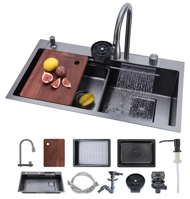 Produktbild von Einbauspüle Küche - Spülbecken Einzelbecken - Mit integrierter Stufe - Mit Wasserfallarmatur - Mit Schneidebrett - 85 x 46 x 23,6 cm - Für Wohnmobil & Vorbereitungsküche
