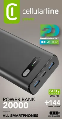 Produktbild von Cellularline Fast PD 20000, 20000 mAh, Lithium-Ion (Li-Ion), Power Delivery, Schwarz
