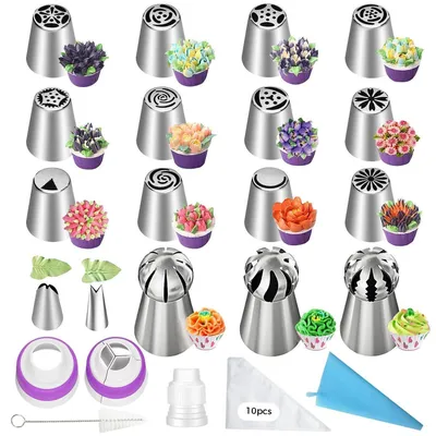 Immagine prodotto di Set di sac à poche con beccucci, composto da 32 pezzi, in acciaio inossidabile e silicone, ideale per la decorazione di torte, completo di adattatore per 3 colori