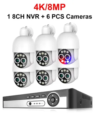 Immagine prodotto di Sistema di sicurezza: set di videosorveglianza 4K a 8 canali, con 6 telecamere a doppia lente e visione notturna a colori