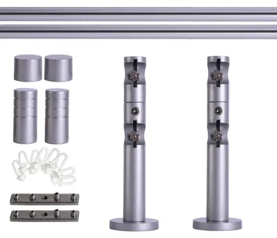 Produktbild von Gardinenstange Set Innenlauf, 2-läufig, ⌀ 19 mm, 200 cm, silber + Wand, Rillen-Kappe, Gleiter Komplettset Innenlauf mit Halterungen & Endstücke, Vorhangstange in Silber, Rot-Bronze & Anthrazit, 120–400cm, Eisen, Aluminum Victoria M.