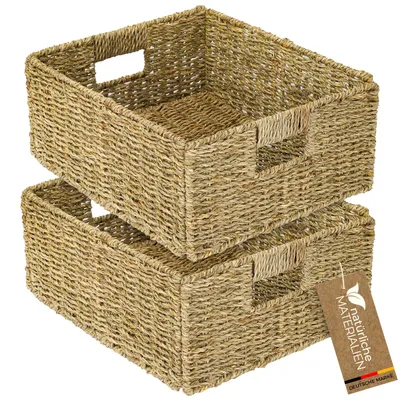 Produktbild von HMF Aufbewahrungskorb passend für KALLAX halbes Fach, Korb geflochten aus Seegras mit Griffen, 2er Set, 30 x 34 x 15 cm, Natur