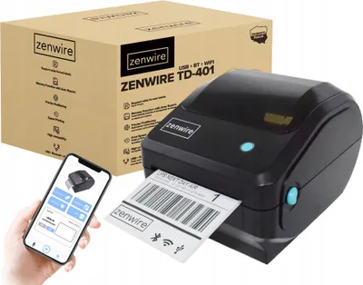 A Zenwire TD-401 label printer, its packaging box, and a smartphone displaying the printer's app are shown together.