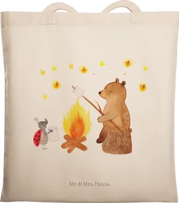 Produktbild von Mr. & Mrs. Panda Tote Bag Bär & Marienkäfer Lagerfeuer - Transparent - Geschenk, Jutetasche, Teddy, Uni Tasche, Laptoptasche, Jutebeutel, Beutel