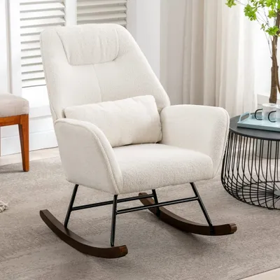 Image de Fauteuil à bascule en Laine Fauteuil à bascule Teddy avec structure métallique et socle en bois Fauteuil moderne Salon Fauteuil rembourré Chaise relax pour chambre à coucher Chambre d'enfant Balcon Loisirs Blanc