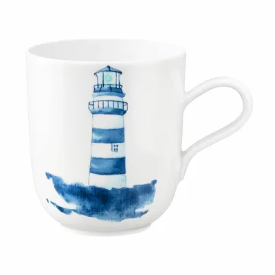 Produktbild von Seltmann Weiden Becher mit Henkel, Kaffeebecher, Teetasse, Tasse, Porzellan, Leuchtturm blau-weiß, 400 ml, 001.769165