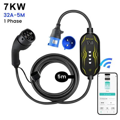 Obrázok produktu pre Prenosný nabíjací kábel pre elektromobily s výkonom 7kW, 6–32A, 1-fázový, 5M, s Wi-Fi a Bluetooth, Ovládanie aplikácie pre adaptér CEE,LCD