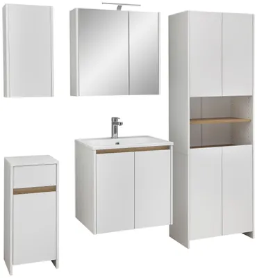 Produktbild von Badmöbel-Set, Quickset 100, Pelipal, Waschtisch, LED-Spiegelschrank, Hängeschrank, Unterschrank und Hochschrank, Weiß
