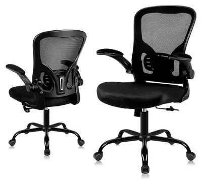 Produktbild von Ergonomischer Bürostuhl mit hochklappbaren Armlehnen, Schreibtischstuhl mit Lendenwirbelstütze, atmungsaktiver Bürostuhl, Schwarz