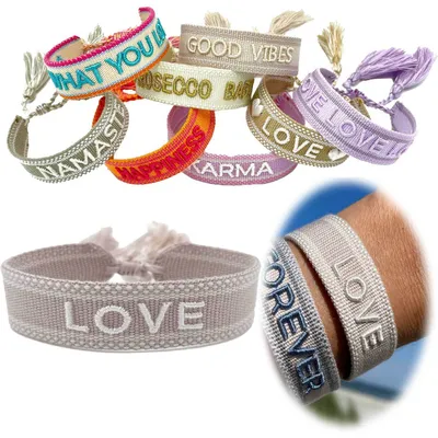 Produktbild von LS-LebenStil Canvas Statement Armband LOVE Beige Creme besticktes Stoffarmband gewebt textiles Quasten Spruch Boho Geschenk Freundschaftsarmband