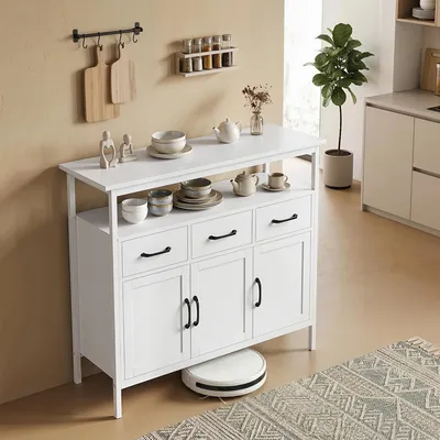 Produktbild von Sideboard Modern 95x35x88 cm Küchenschrank Anrichte Weiß Holzwerkstoff, Kommode mit 3 Schubladen & 3 Türen, Küchenbuffet Beistellschrank Flur