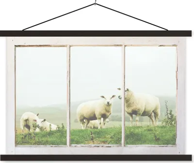 Produktbild von MuchoWow® Textilposter Durchschauen - Schafe - Gras 60x40 cm mit schwarzem Rahmen - Hölzernes
