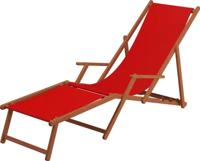 A red deckchair made of wood on a white background.
