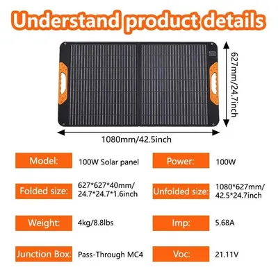 Obrázok produktu pre 100W solárny panel – Skladacie, prenosné solárne moduly – Vodotesná solárna nabíjačka – Bez pripojenia k sieti, záložné napájanie – Vhodné pre prenosné elektrárne, karavany, kempovanie
