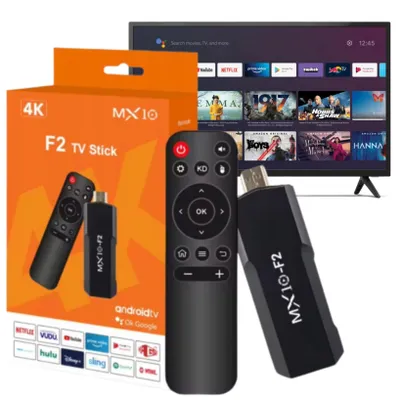 A TV stick, remote, and packaging are displayed against a white background, with a TV screen showing streaming service logos in the background.