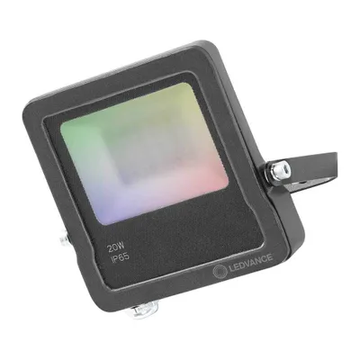 A black LED floodlight with a multicolored light panel is shown against a white background.