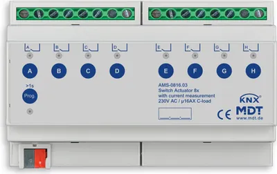 Image de Actionneur de commutation MDT 8 voies, 8TE, REG, 16 A, 230 V CA, charge C avec mesure du courant, 140 µF, 1 pièce.