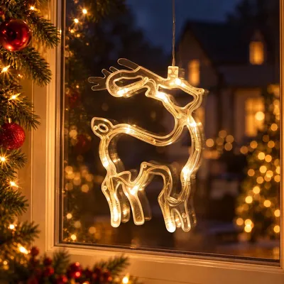 Immagine prodotto di Luce a LED per finestre con ventosa, catena di luci da appendere per finestre, decorazioni natalizie per finestre, alimentata a batteria, a forma di renna