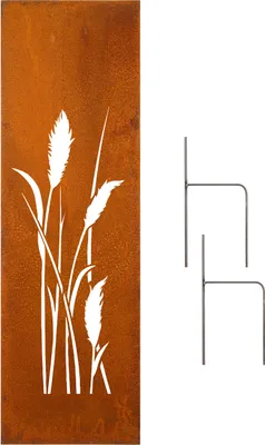 A metal garden decoration with a pampas grass design and two metal ground stakes.