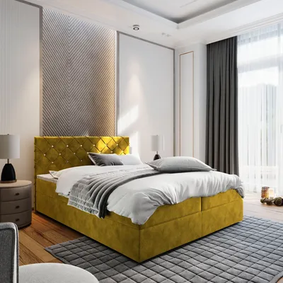 Produktbild von Masseno Boxspringbett RIVA 180x200 cm Komplett-Set mit Bonell Matratze und Topper, Polsterbett mit Bettkästen -Gelb, MAGIC VELVET 2234