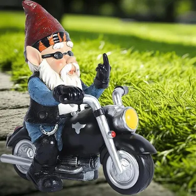Image de Nain de jardin sur moto - Figurine de jardin représentant un nain - Décoration de jardin - Imperméable et résistant aux UV - 13 cm - Noir