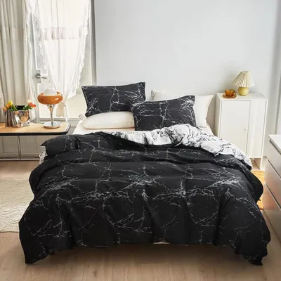 Obrázok produktu pre Sada posteľnej bielizne 240x220 cm, čierno-biela, mramorový vzor, 3-dielna, mikrovlákno, obojstranná posteľná bielizeň so zipsom