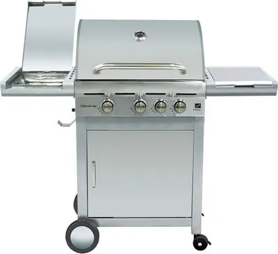 A stainless steel gas grill with the lid open on the left side, showing a drip tray.