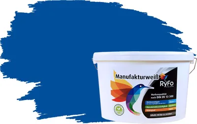 Produktbild von RyFo Colors Bunte Wandfarbe Manufakturweiß Ultramarineblau 10l - weitere Blau Farbtöne und Größen erhältlich, Deckkraft Klasse 1, Nassabrieb Klasse 1