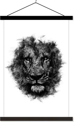 Produktbild von MuchoWow® Textilposter Löwe - Schwarz - Weiß 60x90 cm mit schwarzem Rahmen - Poster Wohnzimmer
