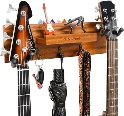 Produktbild von Gitarren-Wandhalter aus Massivholz, mit 3 Aufbewahrungshaken, für Gitarren