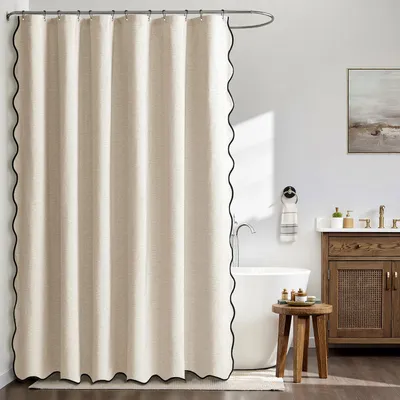 Produktbild von Duschvorhang in Leinenoptik, 120 x 200 cm, beigefarbener, gewellter Duschvorhang mit schwarzem Rand, r, wasserdichter Duschvorhang für Hotels, waschbarer und schimmelresistenter Duschvorhang mit 8 Ringen