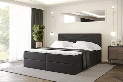 Produktbild von ALTDECOR Boxspringbett mit Matratze und Lattenrost, Topper, Polsterbett mit Bettkasten, Bett mit Stauraum H4-Matratze, Doppelbett, Boxbett  - VEXA - 180x200 - Schwarz Kunstleder