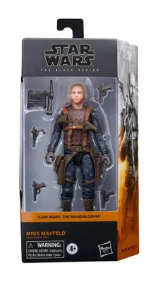 A Star Wars The Black Series Migs Mayfeld action figure in its packaging.