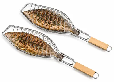 Immagine prodotto di Set da 2: cestello per pesce, griglia 36x15 cm, pinza per grigliare il pesce con manico in legno, pinza per grigliare trote, orate, salmone, sgombri, gamberetti e verdure; accessori per barbecue