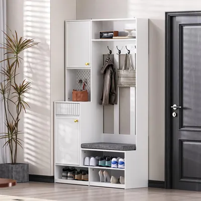 Image de MODFU Ensemble de meuble d’entrée–Armoire avec portes et tiroirs,ensemble de rangement avec banc à chaussures,porte-manteaux mural avec crochets,blanc