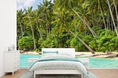 Produktbild von MuchoWow® Fototapete für Wohnzimmer oder Schlafzimmer Wandtapete Vinyl Motivtapete Palme - Meer - Tropisch - 450x300 cm - Gemusterte