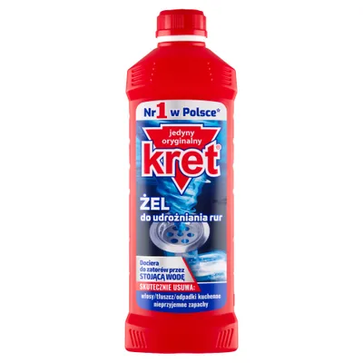 A red bottle of drain cleaner with a label showing a swirling vortex and text.