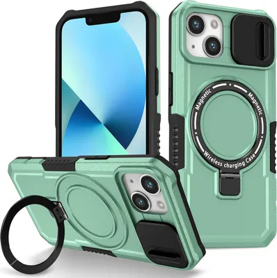 Produktbild von Handyhülle für iPhone 13 Kompatibel mit MagSafe, Robuste Hülle mit Schiebe Kamera Schutz, Magnetischer Ringständer Grün