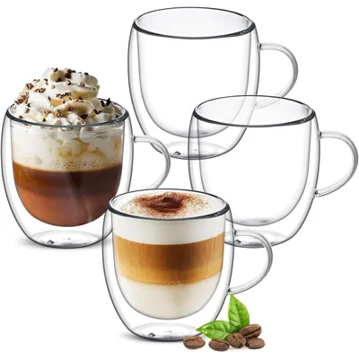 Zdjęcie produktu dla Zestaw czterech podwójnych szklanek do kawy, pojemność 250 ml, wykonane ze szkła borosilikatowego, odporne na wysokie temperatury