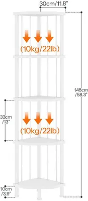 Produktbild von Unyqoos® Weißes Eckregal – diamantförmige Ablagen, 5 Ebenen, 148 cm, Spanplatte & Metall, bis 10 kg/Ablage, verstellbare Füße