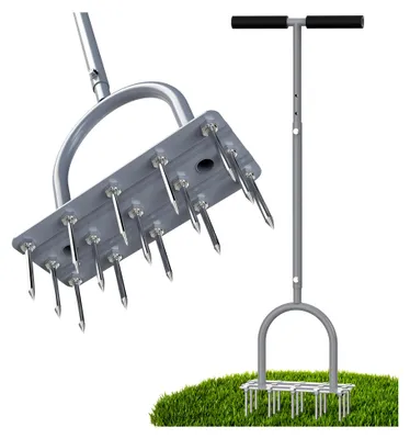 Produktbild von Rasenbelüfter mit 15 Spikes - Manueller Grasbelüfter für Kernbelüftung und Dethatching, mit T-Griff und breiter Fußplatte für Rasen und Garten (Grau)