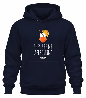 Imagen del producto de Sudadera con capucha, estilo uni, color azul marino, con estampado "Aperol Spritz Party", diseño divertido. Talla L